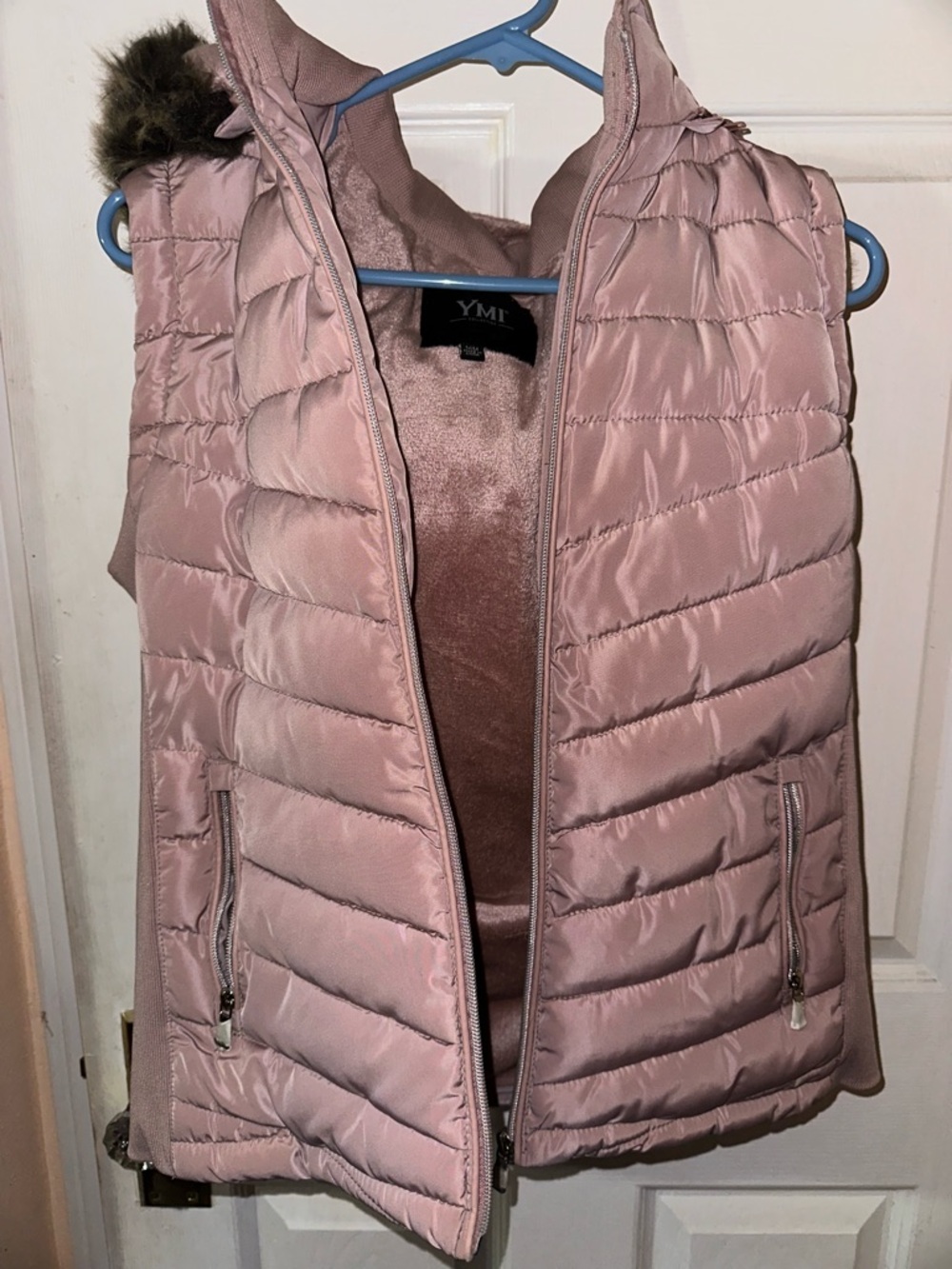 YMI Mauve Quilted Puffer Vest with Faux Fur Trim